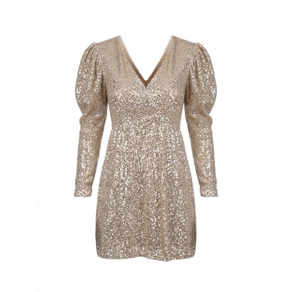 Cato L Champagne Gold Sequin Dress Cocktail Party Short V-Neck Puff Sleeve